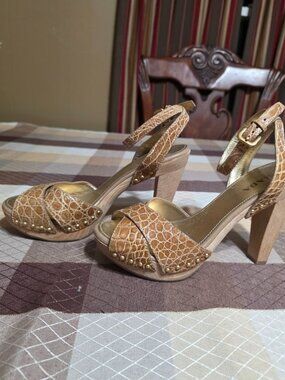 Vintage Prada Tan Croc Studded Platform Sandals